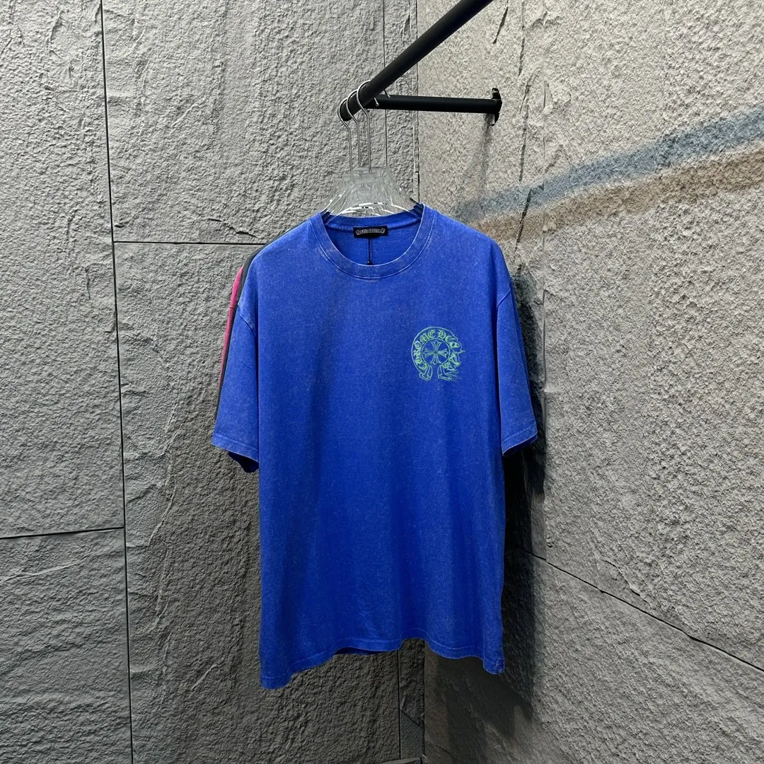 🅿️180 CH* Crow Heart* 2025 spring and summer new style Snowflake distressed washed retro round neck short sleeves Chest and front logo Horseshoe print Customized fabric Short-sleeved T-shirt Unisex Size: S M L XL XXL Color: Snowflake Black Snowflake Gray Snowflake Pink Snowflake Blue